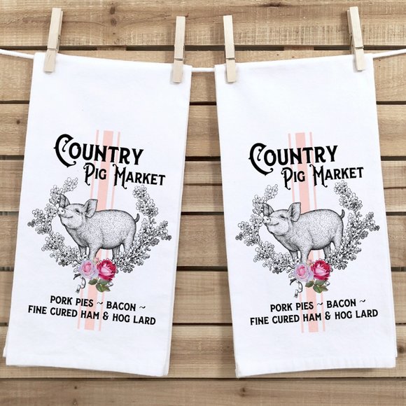 Tea Towels, Set of 2, Pink Pig, French, Gift Idea - Picture 1 of 3